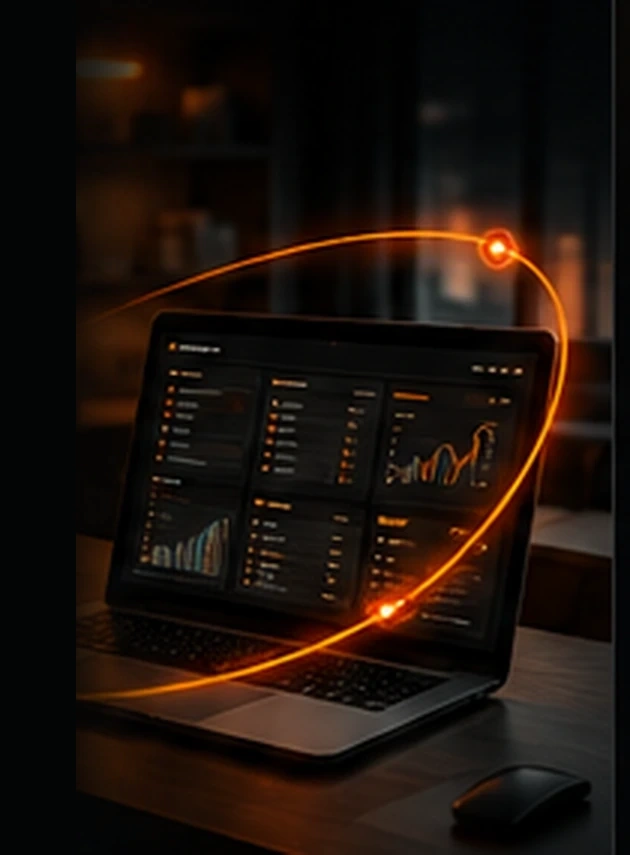 Conceptual SMOOOZ Work visual with a dark work-operations dashboard and orange orbit